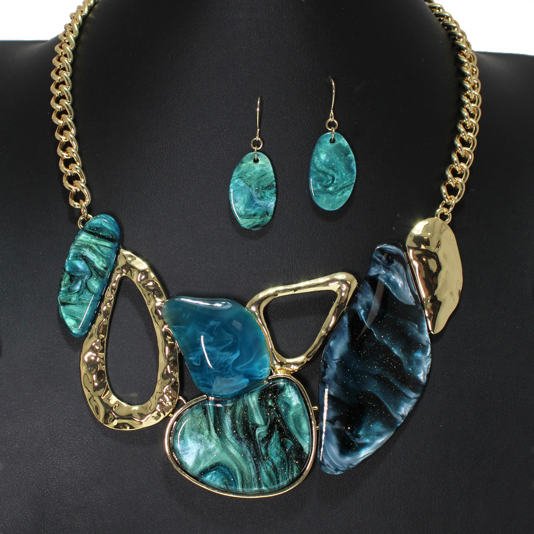 Gold-Teal Geometric Sparkle Celluloid Necklace and Earring Set
