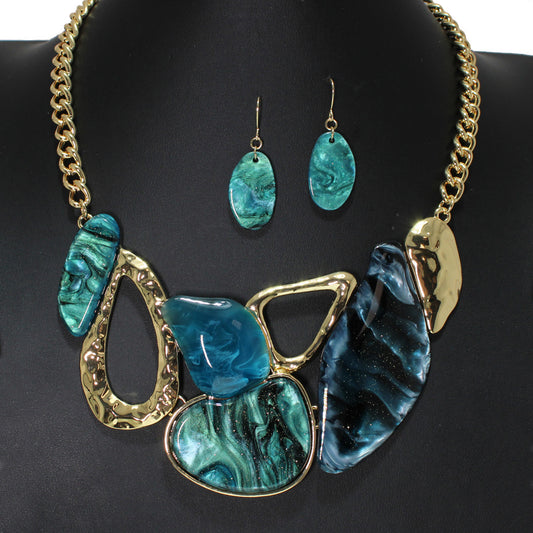 Gold-Teal Geometric Sparkle Celluloid Necklace and Earring Set