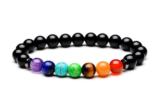Seven Semi-precious Chakra Gemstones w/Genuine Black Onyx Beaded Bracelet
